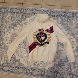 Polo by Ralph Lauren Cream Turtleneck Sweater with Crest and Red-Navy Stripes
